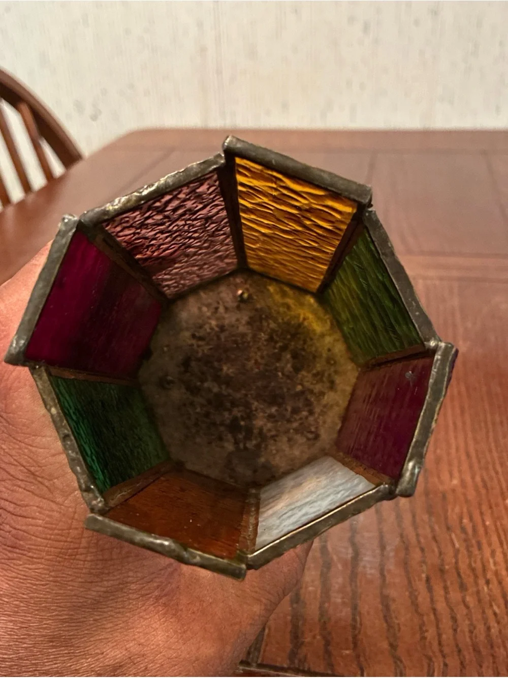 Vintage Textured Stained Glass Candle Holder Copper Solder Joints Wood Base
